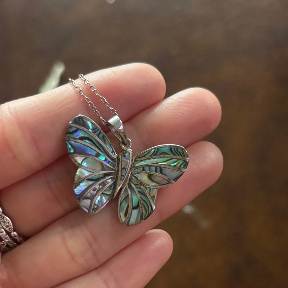 Butterfly Abalone Pendant Necklace - Iridescent Green Blue -
